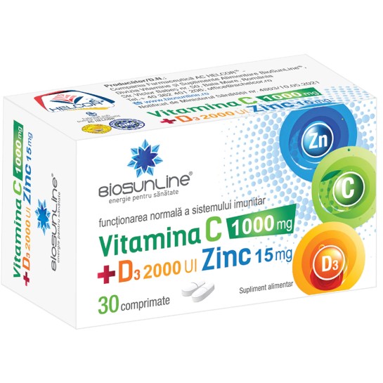 Vitamina C 1000+D3 2000 UI+ Zinc 15mg, 30 comprimate, Helcor
