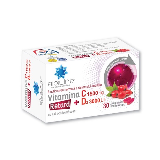 Vitamina C 1500 mg + D3 3000 UI Retard, 30 comprimate filmate, Helcor 