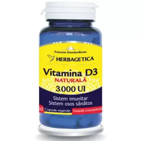 Vitamina D3 naturală 3000 UI, 60 capsule, Herbagetica