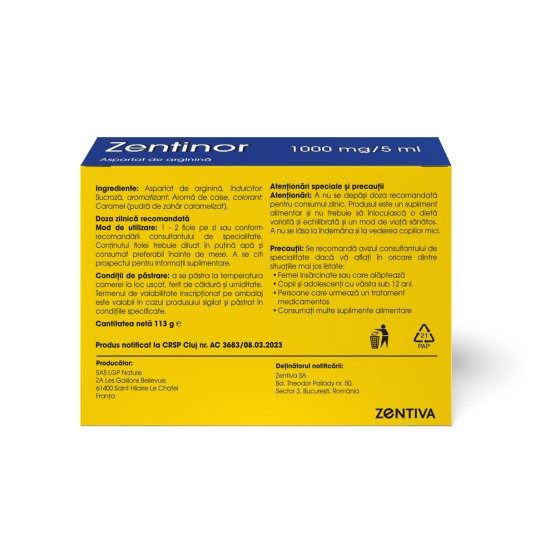 Zentinor, 20 fiole buvabile, Aspartat de Arginină 1000mg/5ml, Zentiva