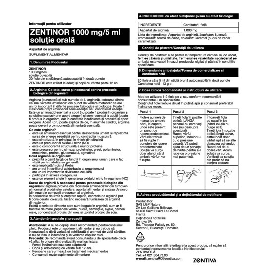 Zentinor, 20 fiole buvabile, Aspartat de Arginină 1000mg/5ml, Zentiva