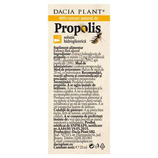 Spray cu extract natural de propolis fara alcool, 20ml, Dacia Plant 