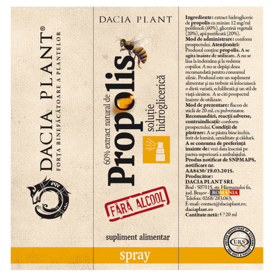 Spray cu extract natural de propolis fara alcool, 20ml, Dacia Plant 