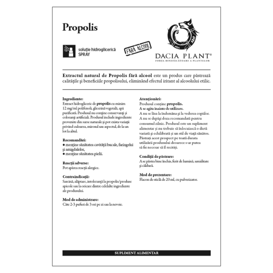 Spray cu extract natural de propolis fara alcool, 20ml, Dacia Plant 