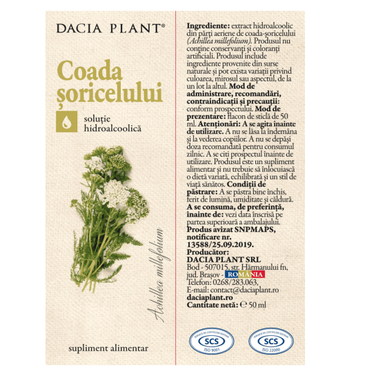Tinctura de Coada Soricelului, 50ml, Dacia Plant