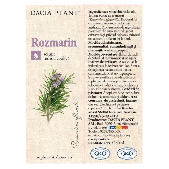 Tinctura de Rozmarin, 50ml, Dacia Plant 