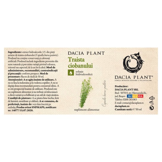 Tinctura de Traista Ciobanului, 50ml, Dacia Plant