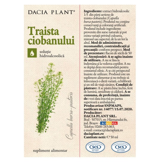 Tinctura de Traista Ciobanului, 50ml, Dacia Plant