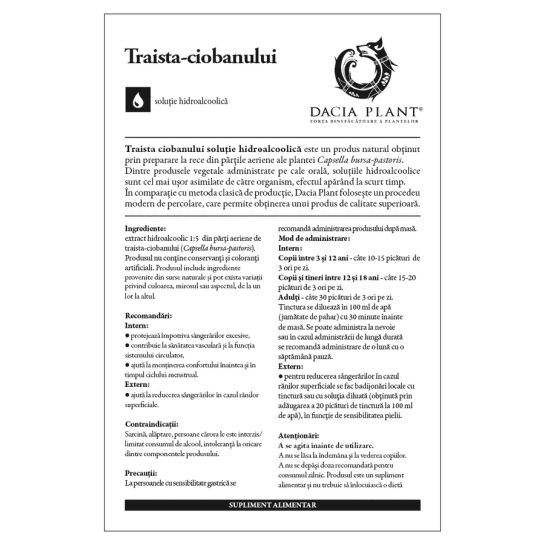 Tinctura de Traista Ciobanului, 50ml, Dacia Plant