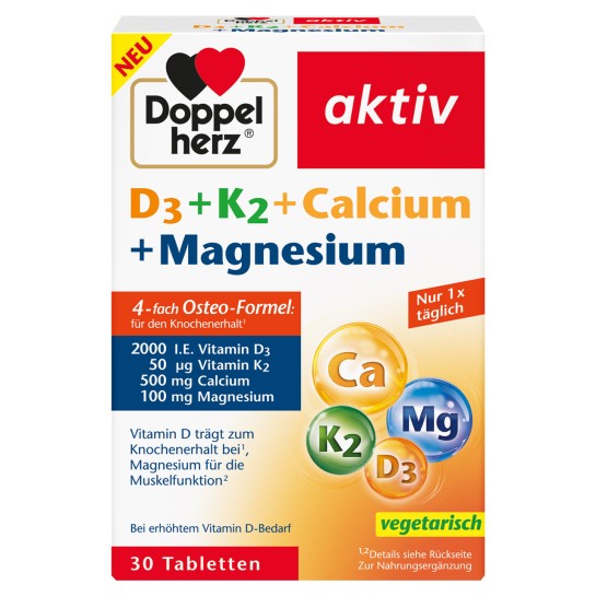 Doppelherz Aktiv D3 + K2 + Ca + Mg, 30 comprimate