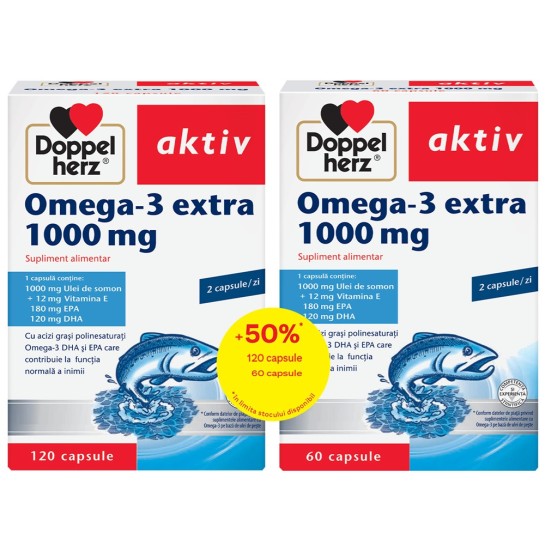 Doppelherz Aktiv Omega 3 extra 1000mg ulei de somon, 120 + 60 capsule, Pachet Promotional
