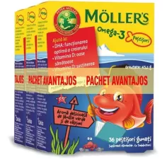 Pestisori gumati cu Omega 3 si aroma de lamaie verde si capsuni, 3 x 36 jeleuri, pachet avantajos, Moller's