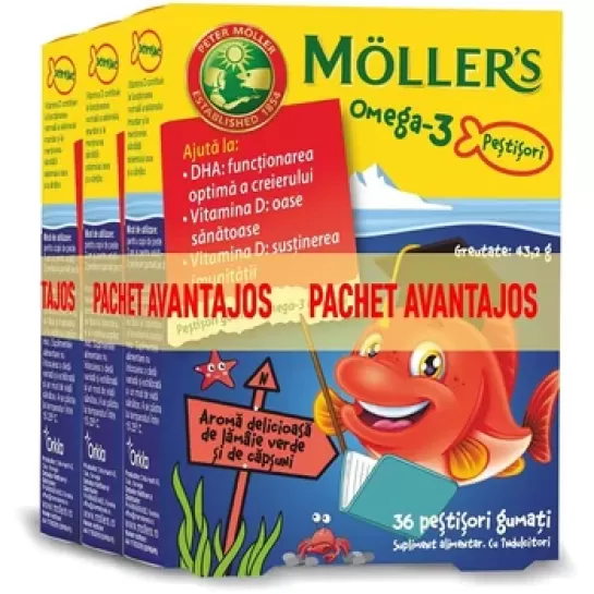 Pestisori gumati cu Omega 3 si aroma de lamaie verde si capsuni, 3 x 36 jeleuri, pachet avantajos, Moller's