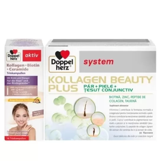 Pachet Doppelherz System Kollagen beauty plus 30 flacoane + Aktiv Kollagen + Biotina + Ceramide 10 flacoane