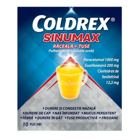 Coldrex SinuMax Raceala si Tuse, 1000mg/200mg/12,2mg, 10 plicuri, Perrigo