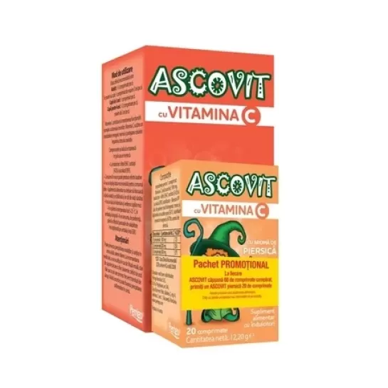 Ascovit cu Vitamina C cu aroma de capsuni 60 coprimate + Ascovit cu Vitamina C cu aroma de piersica 100mg, 20 comprimate, Perrigo