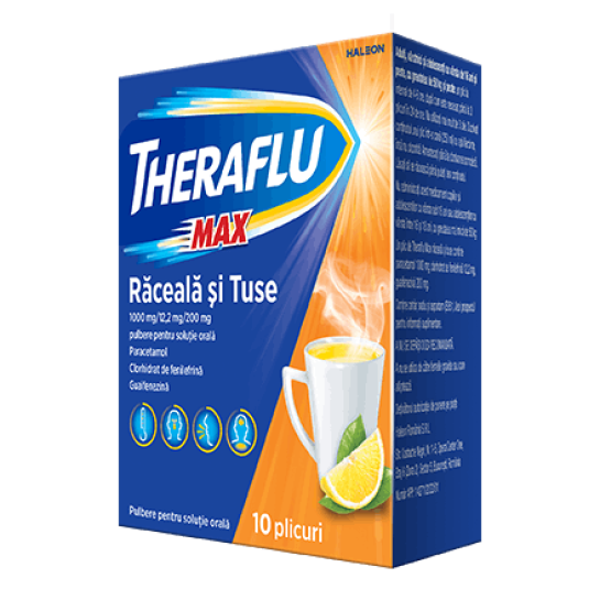 Theraflu Max raceala si tuse, 1000mg/12.2mg/200mg, 10 plicuri, Haleon