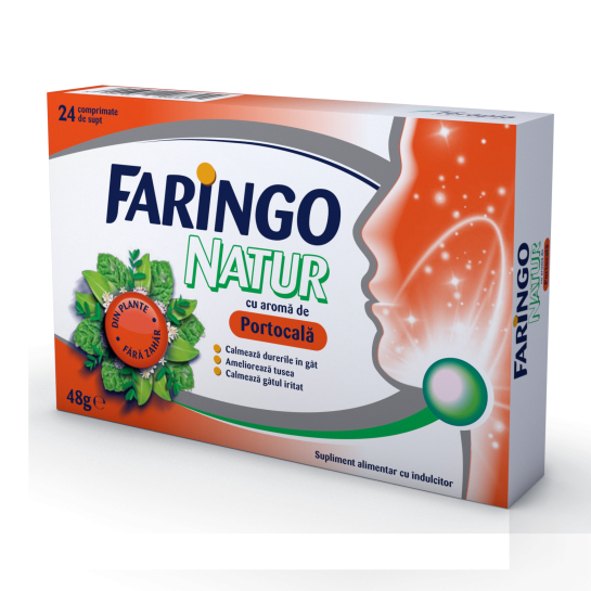 Faringo Natur cu aroma de portocale, 24 comprimate, Terapia 