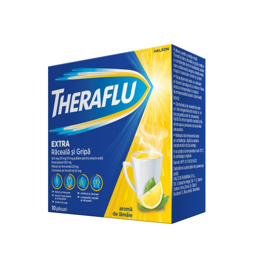 Theraflu Extra raceala si gripa, 650mg/20mg/10mg, 10 plicuri, Haleon