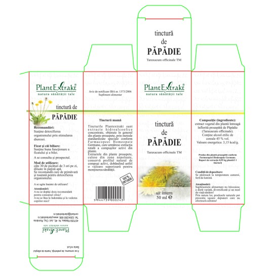 Tinctură păpădie (Taraxacum officinalis TM), 50ml, PlantExtrakt