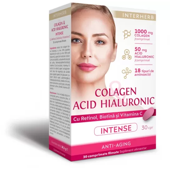 Colagen si Acid Hialuronic Intense, 30 comprimate, Interherb 