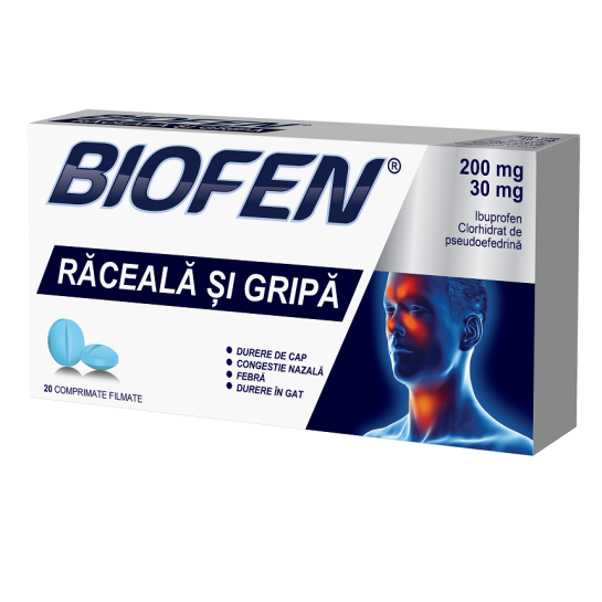 Biofen Răceală si Gripă, 200mg/30mg, 20 comprimate filmate, Biofarm