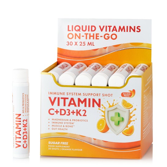 Vitamina C lichida 500mg + Vitamina D3 + K2 + Probiotice, 30 fiole x 25 ml, Swedish Nutra 