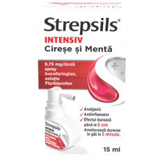 Strepsils Intensiv cirese si menta, spray bucofaringian, soluție, 8.75 mg/doză, 15ml, Reckitt Benckiser Healthcare 