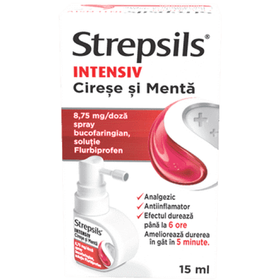 Strepsils Intensiv cirese si menta, spray bucofaringian, soluție, 8.75 mg/doză, 15ml, Reckitt Benckiser Healthcare 