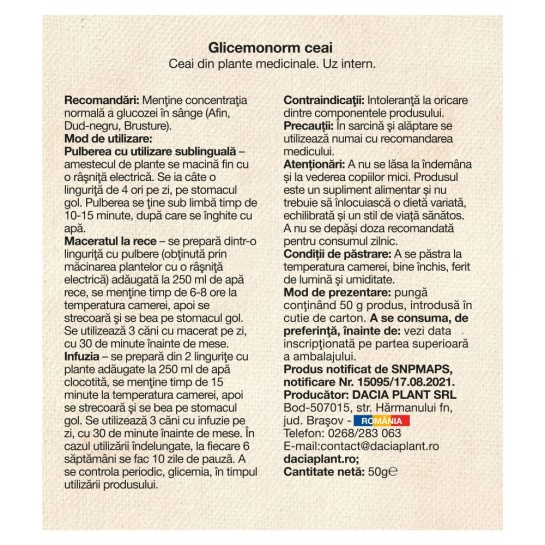 Ceai Glicemonorm, 50g, Dacia Plant