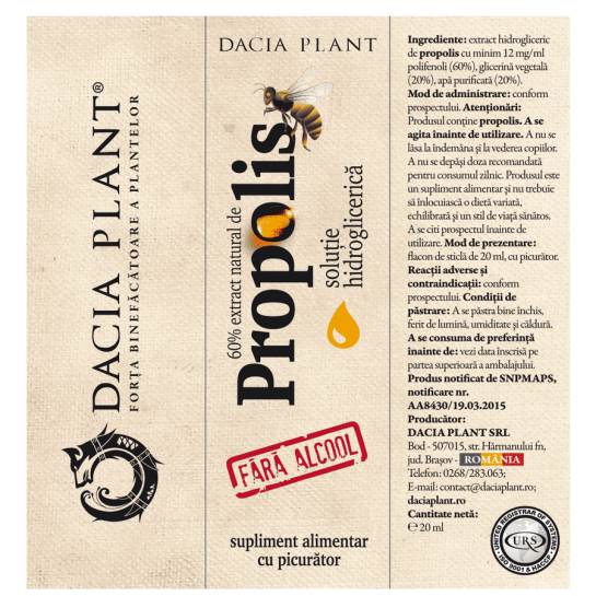 Propolis fara alcool cu picurator, 20ml, Dacia Plant