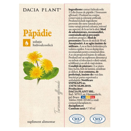 Tinctura de Papadie, 50ml, Dacia Plant