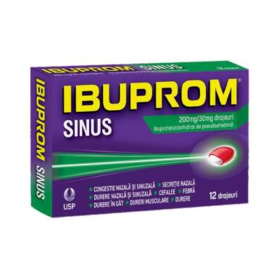 Ibuprom Sinus 200mg/30mg, 12 drajeuri, USP