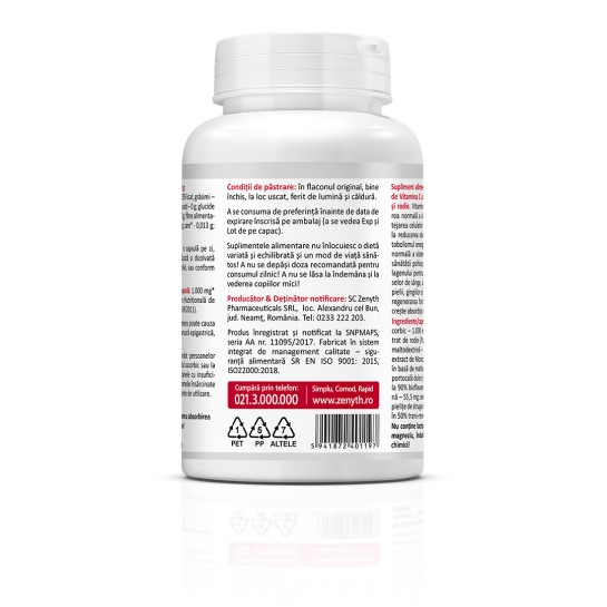 Pachet Vitamina C Premium cu rodie, 1000 mg, 60+30 capsule, Zenyth