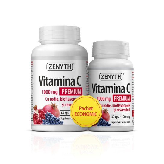 Pachet Vitamina C Premium cu rodie, 1000 mg, 60+30 capsule, Zenyth