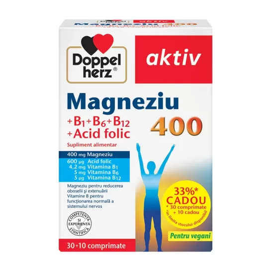 Doppelherz Aktiv Magneziu 400 + B1 + B6 + B12 + Acid Folic, 30 + 10 comprimate